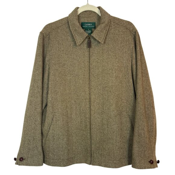 Lauren Ralph Lauren Wool Tweed Jacket 16 Brown Herringbone Full Zip Old Money - Picture 1 of 12